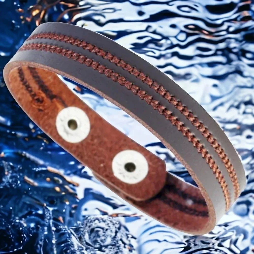 Brown leather double stitched thin bracelet with silver color snap closure